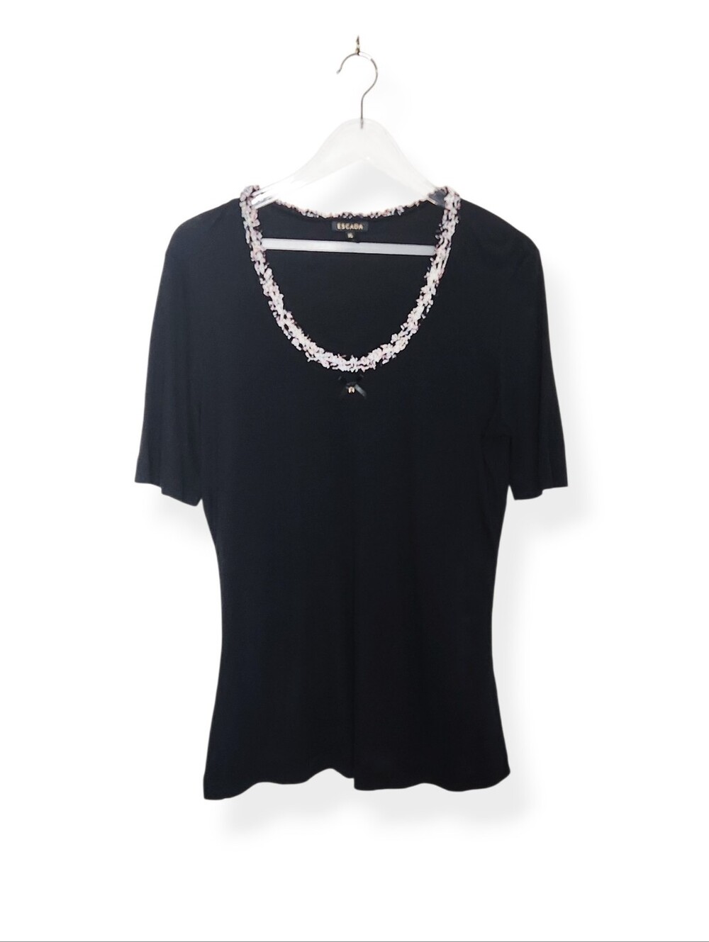 Escada Black Lightweight Short Sleeve Knit Top with Multicolor Trim Size XL